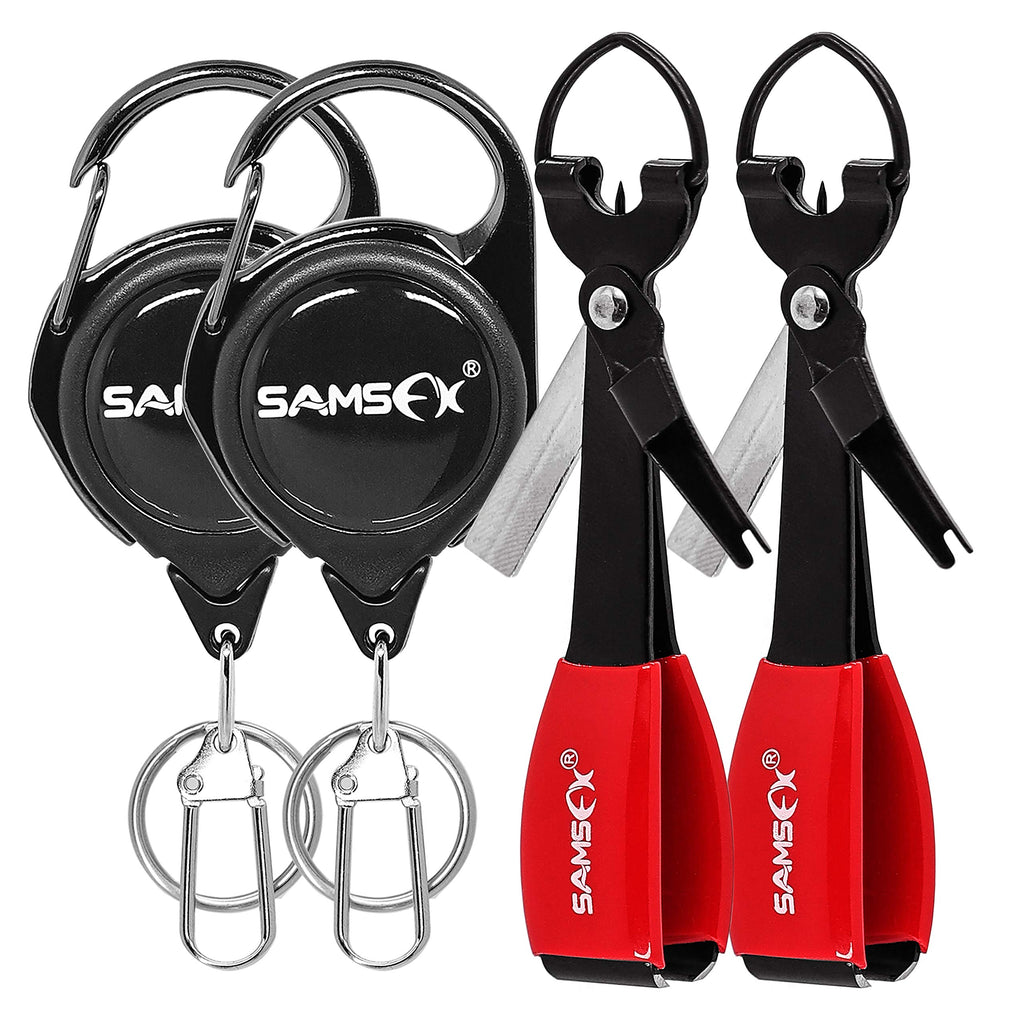 SAMSFX Fly Fishing Knot Tying Tools Quick Knot Tool for Fishing Hooks, Lures, Flies, Trout Line Backing, Come with Zinger Retractors 2sets Black Knot Tool(Red Grip) & Carabiner Zinger - BeesActive Australia