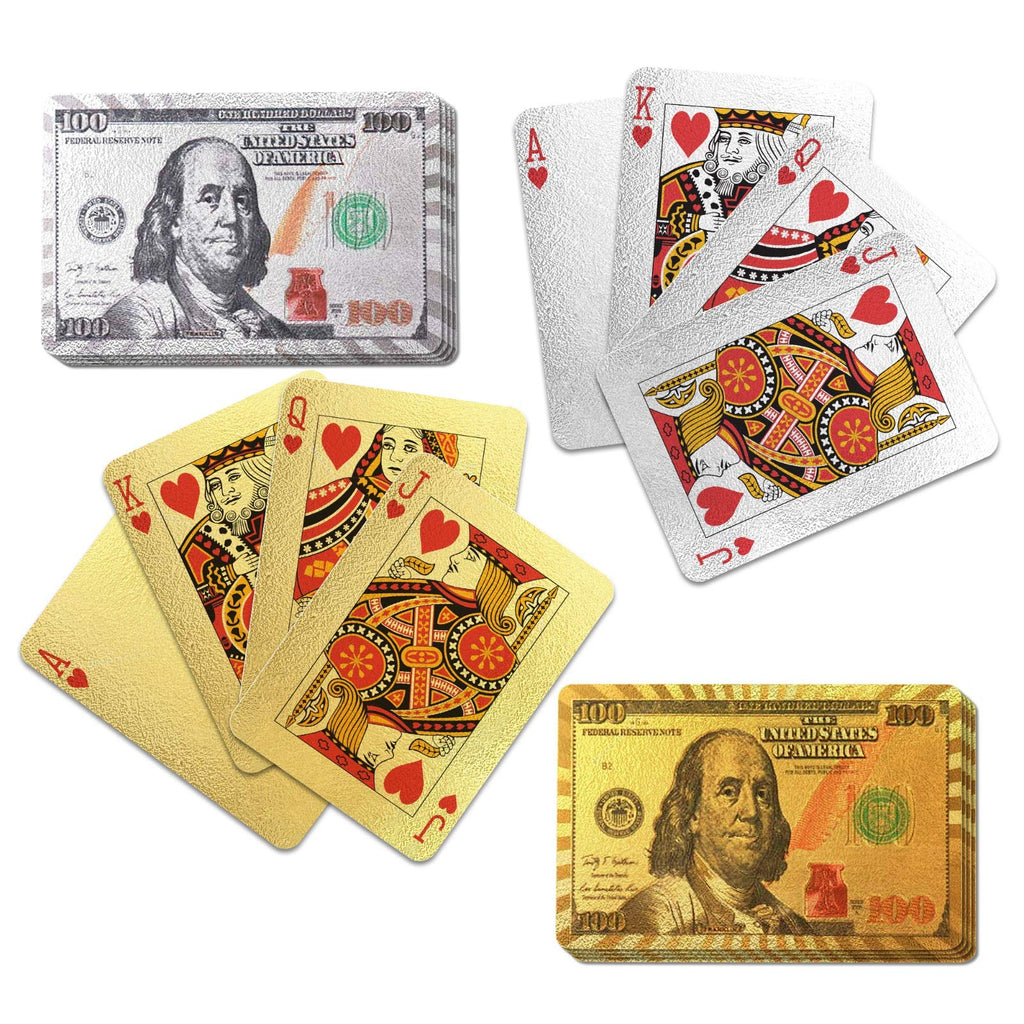 Gamie Silver and Gold $100 Bill Playing Cards, 2 Decks, Waterproof Playing Cards for Kids, Adults and Poker, Vegas Party Decorations, Casino Birthday Party Favors, 3.5 x 2.25 Inches - BeesActive Australia