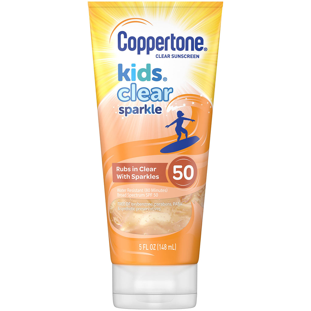 Coppertone Kids Clear Sparkle SPF 50 Sunscreen Lotion, Water Resistant, Reef Friendly (Octinoxate & Oxybenzone Free), Cooling, Moisturizing, Broad Spectrum UVA/UVB Protection, 5 Fl. Ounces - BeesActive Australia