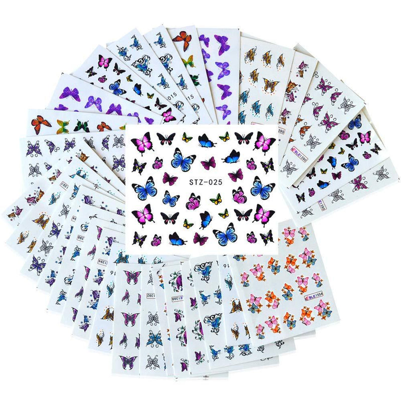 Butterfly Nail Art Stickers 30 Sheets Water Transfer Nail Decals with Colorful and Assorted Designs for Women Girls Fingernails Toenails DIY Decorations Manicure Tips Wraps Decor Tools - BeesActive Australia