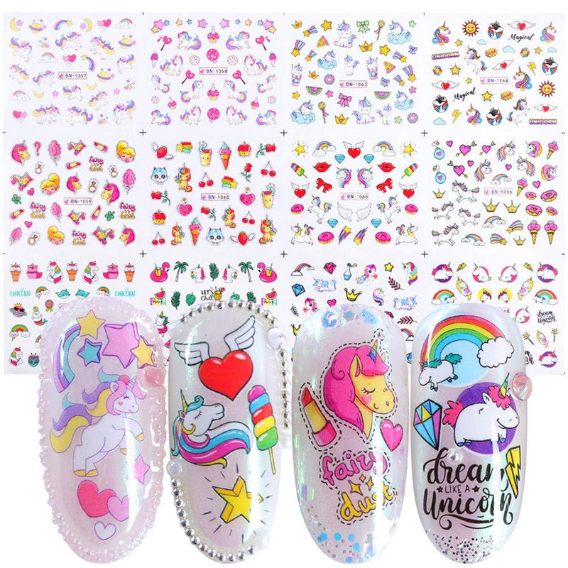 Unicorn Nail Art Stickers for Girls 12 Sheets Cute Nail Beauty Supplies Decals Unicorns Stars Moons Cherries Flamingos Rainbows Design for Nails DIY Decorations Manicure Tips Kids Birthday Gifts 1 - BeesActive Australia