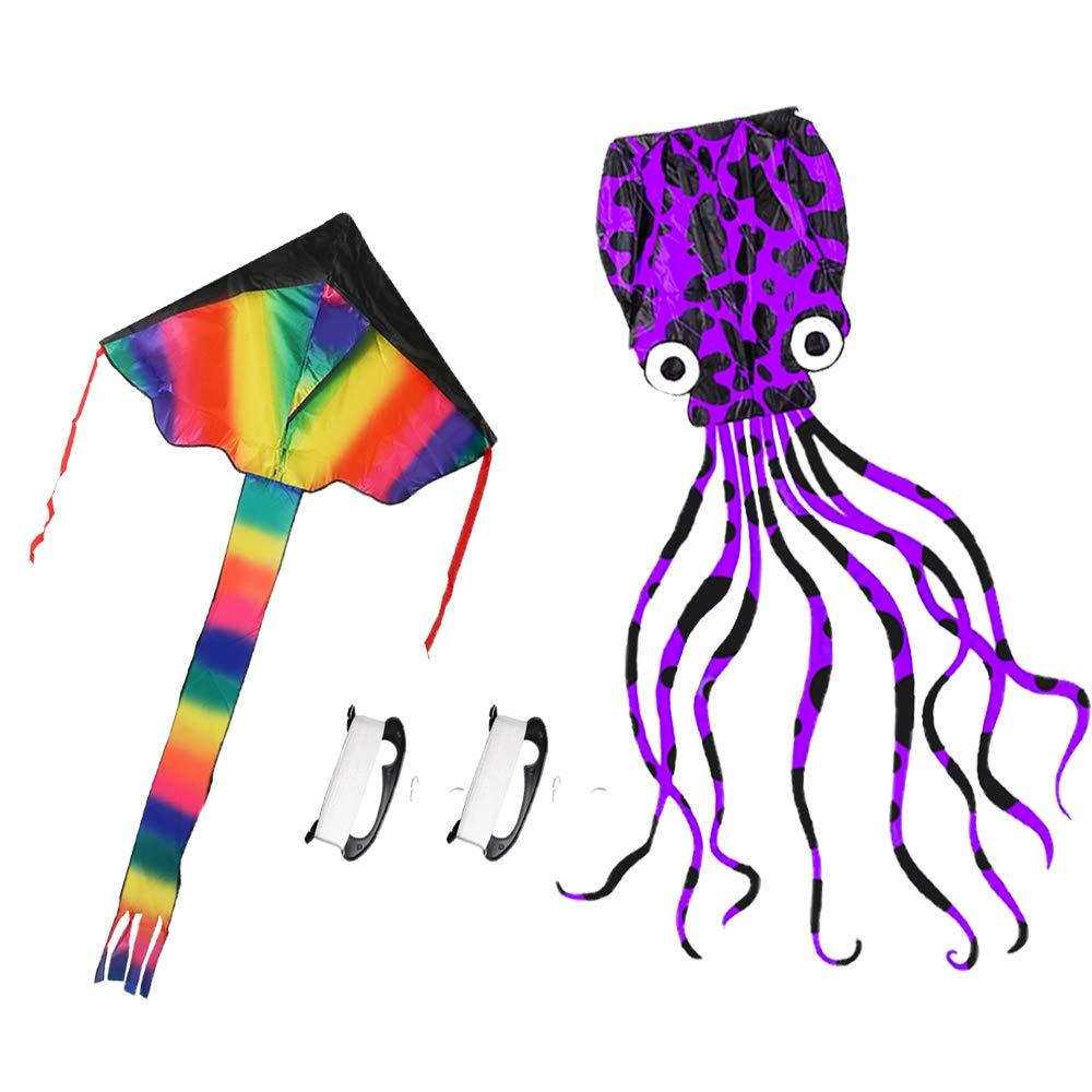 [AUSTRALIA] - HOONEW Large Rainbow Delta Kite and Mollusc Octopus for Kids and Adults Beach Trip Park Family Outdoor Games and Activities Great Gift to Children-2 Packs with Kite Handles 