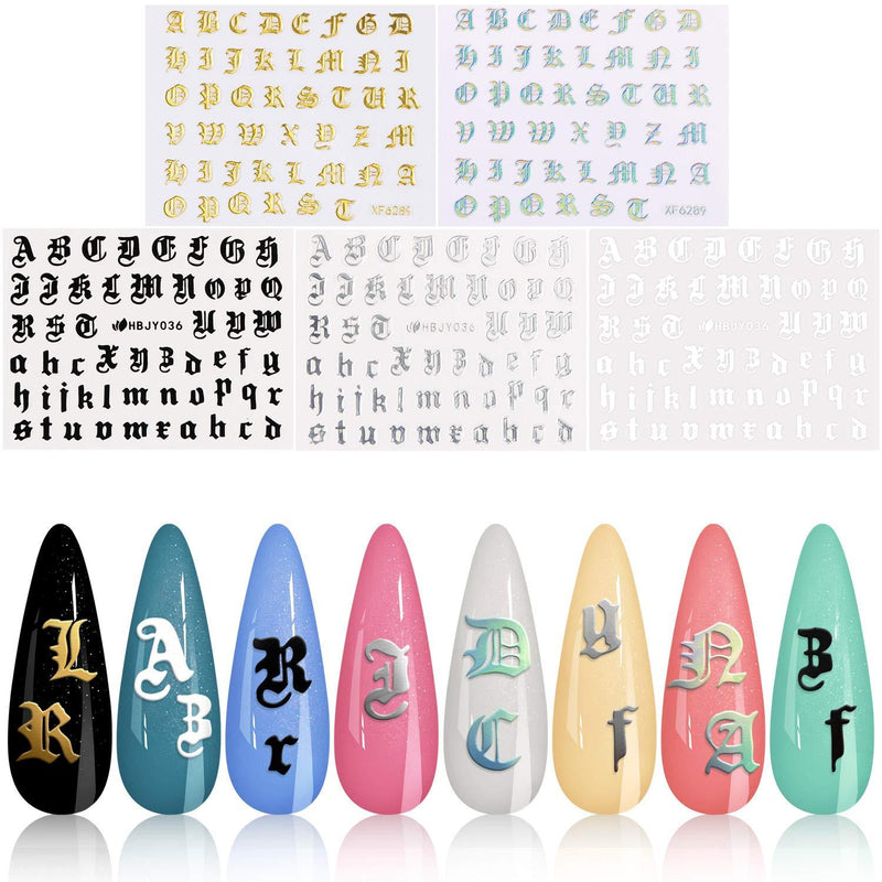 3D Letter Nail Art Sticker, KISSBUTY 5 Colors Letter Words Old English Alphabet Nail Decals Ultra Thin Gummed Character Nail Adhesive Sticker Nail Art Decoration - BeesActive Australia