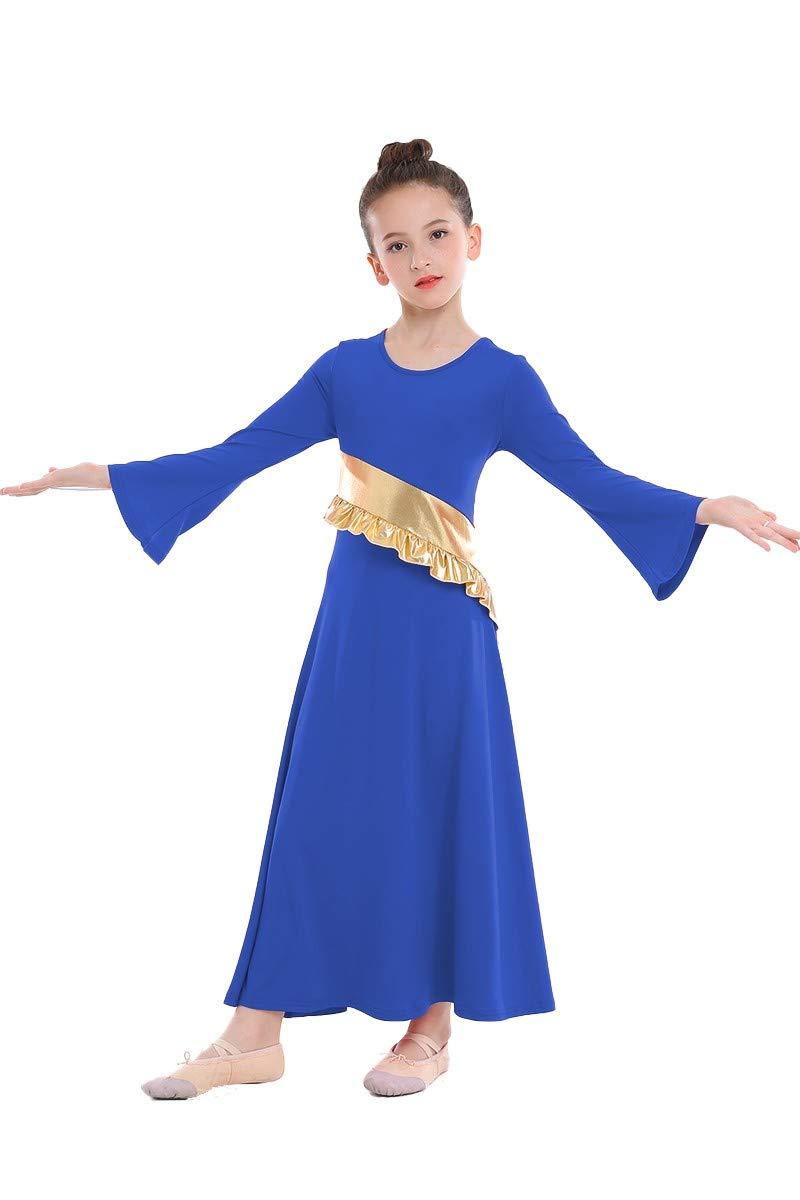 [AUSTRALIA] - HIHCBF Girls Praise Liturgical Worship Bell Sleeve Dress Ruffle Metallic Gold Color Block Loose Fit Full Length Dancewear # Royal Blue 14-15 Years 