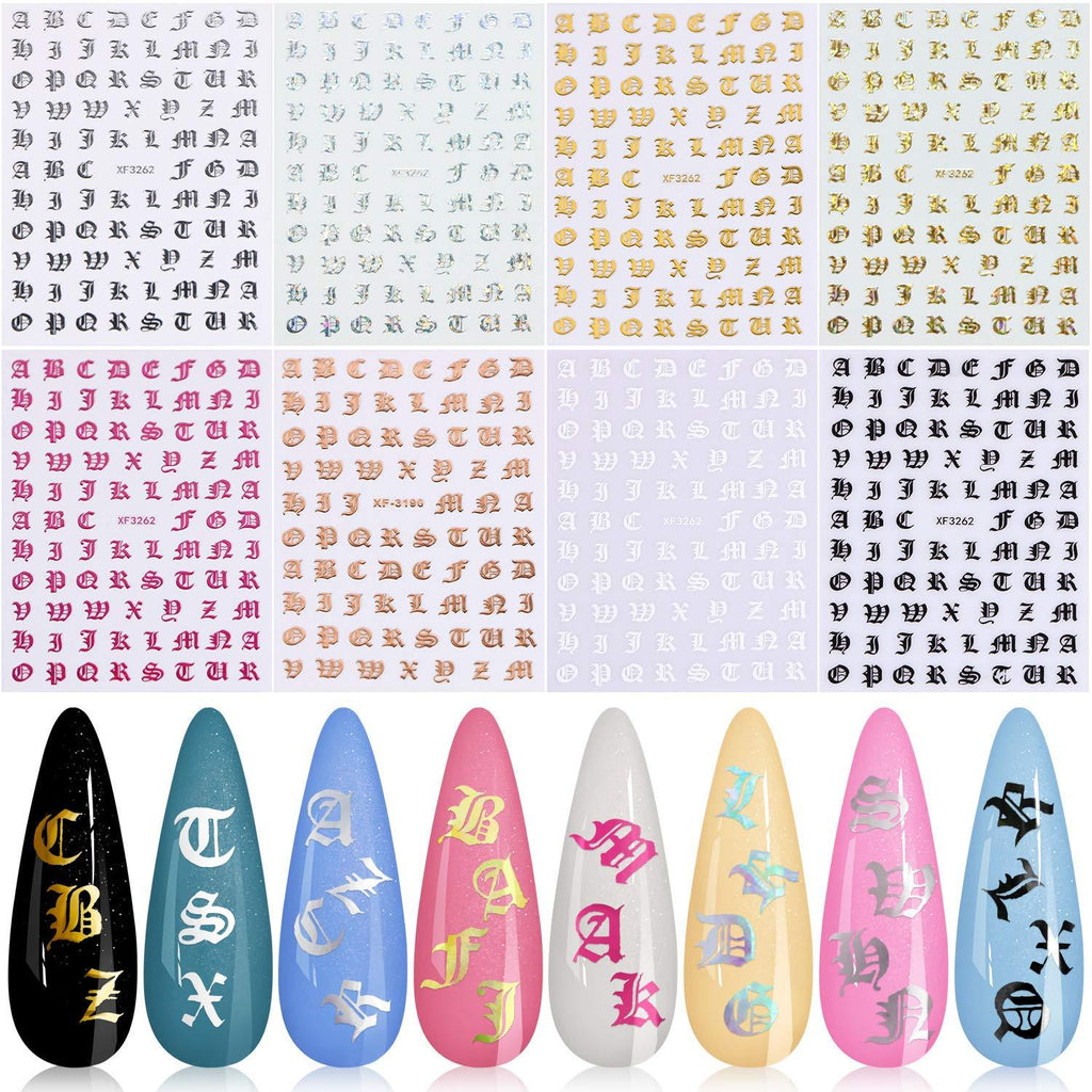 Holographic Letter Nail Art Sticker, KISSBUTY 8 Colors Letter Words Old English Alphabet Nail Decals Ultra Thin Gummed Character Nail Adhesive Sticker Holographic Nail Art Decor - BeesActive Australia