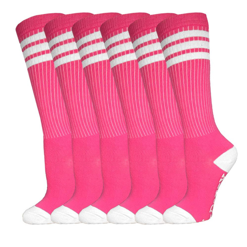 3 Pairs of juDanzy Knee High Boys or Girls Stripe Tube Socks for Soccer, Basketball, Uniform and Everyday Wear 6-10 Years Hot Pink With White Stripes (3 Pairs) - BeesActive Australia