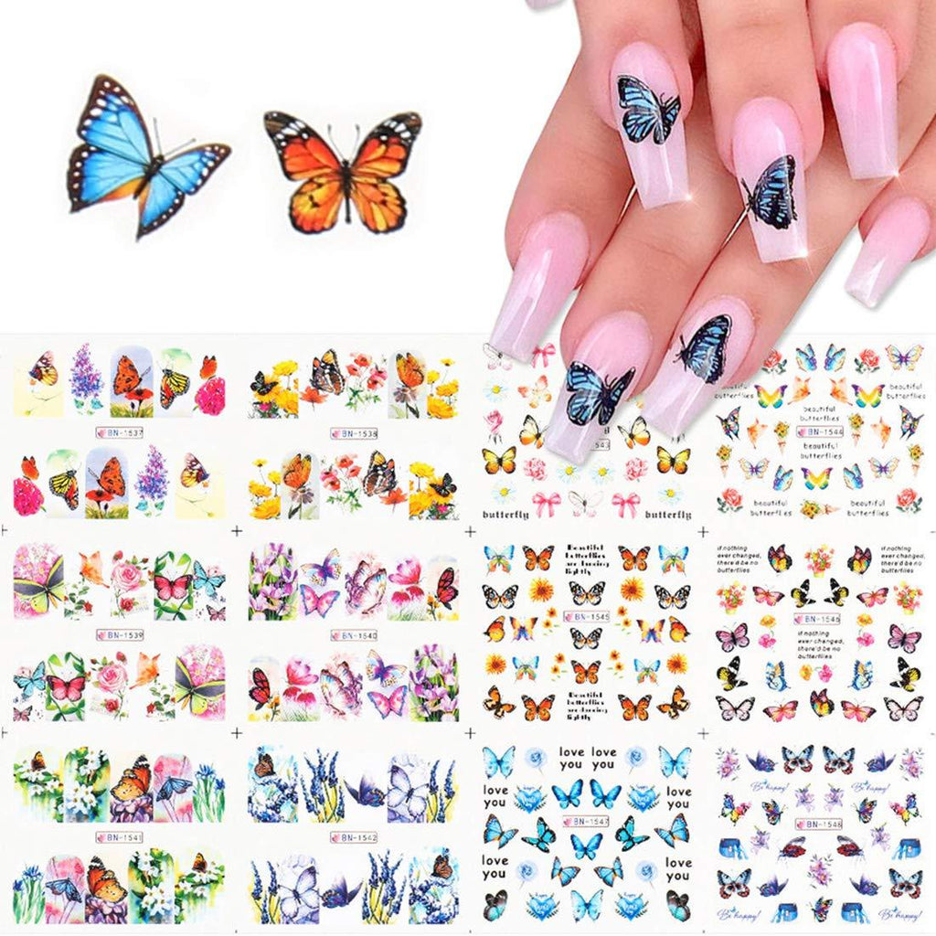 Butterfly Nail Art Stickers Decals Nail Art Supplies Nail Accessories Decorations Colorful Butterflies Series Nail for Women Girls Water Transfer Nails Supply Decals Manicure Wraps DIY 12 Pcs - BeesActive Australia