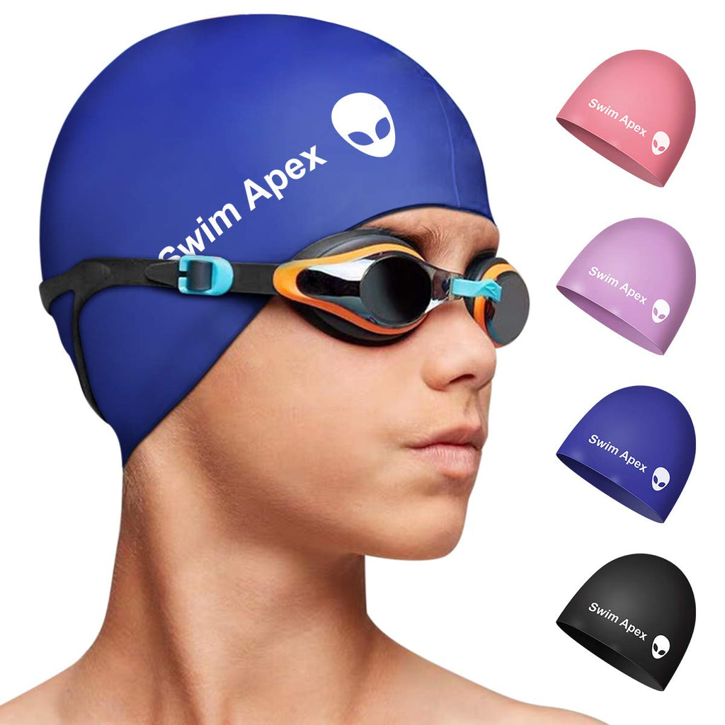 Swim Apex Silicone Kids Swim Cap for Girls Boys Teens, Durable Silicone Swimming Cap for Kids Youths Boys Girls, Baby Waterproof Caps for Long Hair and Short Hair with Alien Print Blue - BeesActive Australia