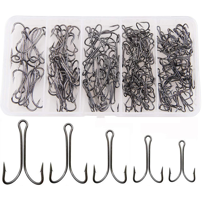 AGOOL Classic Double Fishing Hooks Kit 30/140pcs Frog Hooks Fly Tying Fishing Hooks Sharp Open Shank 3X Strong High Carbon Steel Barbed Black Small Size for Saltwater and Freshwater 140PCS KIT - BeesActive Australia