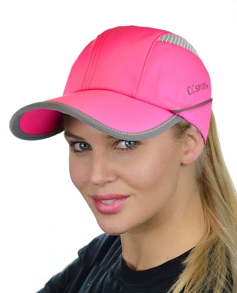 C.C Ponycap Messy High Bun Ponytail Water Resistant Adjustable Mesh Reflective Sporty Baseball Cap Hot Pink - BeesActive Australia