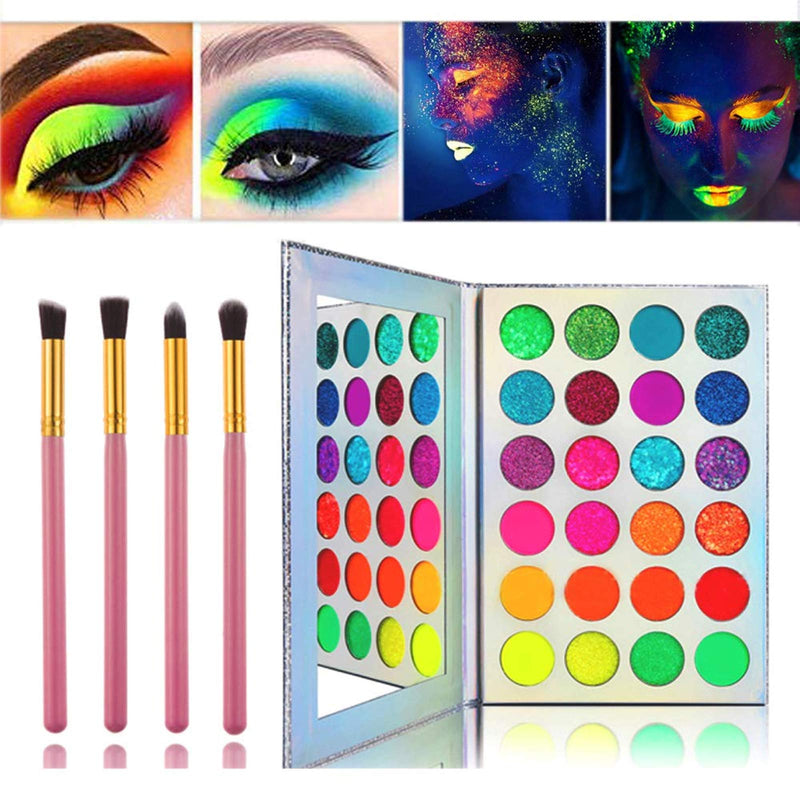 Glow in the dark paint, Kalolary Neon Eyeshadow Glow Palette UV Glow Blacklight Matte and Glitter, 24 Colors Highly Pigmented Eyeshadow Kit with 4 Brushes for Halloween Face Body Makeup - BeesActive Australia