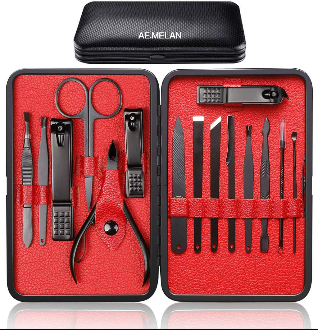 NA Manicure Kit Nail Clippers Set Professional Pedicure 15 Piece Black Stainless Steel Makeup Grooming Set Cutter Ear Pick Tweezers Scissors Nail File Gift for Man & Women (Black/Red_15in1) black/Red_15in1 - BeesActive Australia