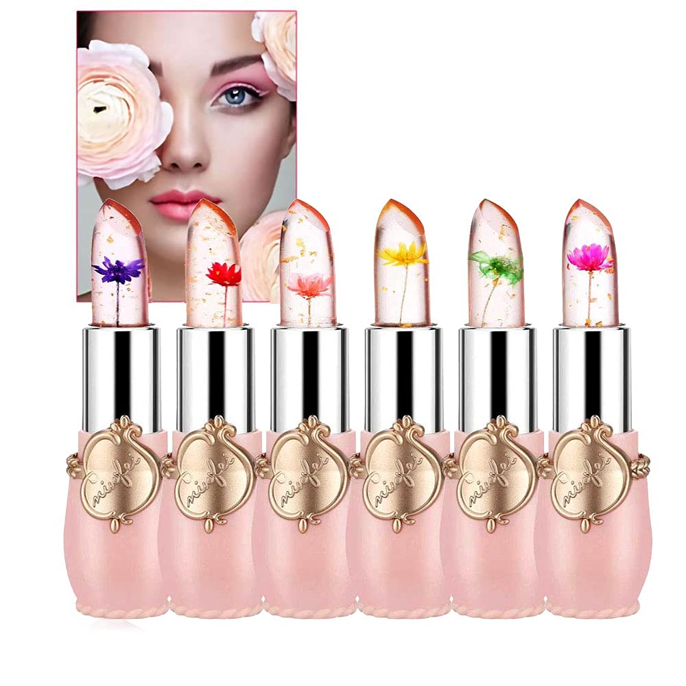 SuperThinker Crystal Jelly Flower Lipstick, 6 PCS Moisturizer Clear Lip Gloss Lip Balm Makeup Set Magic Temperature Color Changing Lip Gloss for Women Girls (Pink) Pink - BeesActive Australia