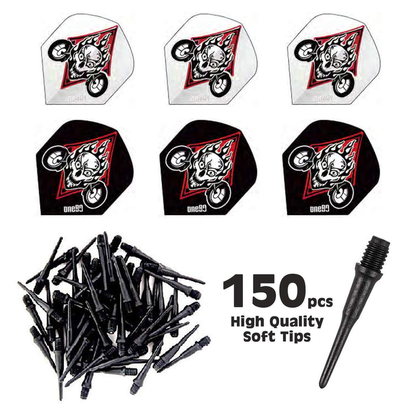 [AUSTRALIA] - ONE80 Matt Black Soft Tip 150/300 Pcs- Replacement Dart Point 2BA Thread - 6/12 Pcs Durable Extra Thick Dart Flight 150 pcs 