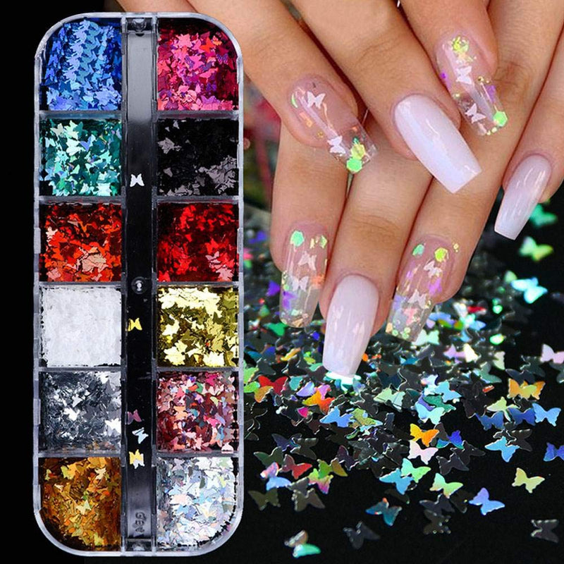 Butterfly Nail Decals Holographic Nail Powder Butterfly Nail Art Stickers 12 Grid/Set Holographic Nail Glitter Sequins Sparkly 3D Thin Butterfly Flakes Polish Decor for Nail Art Accessories - BeesActive Australia
