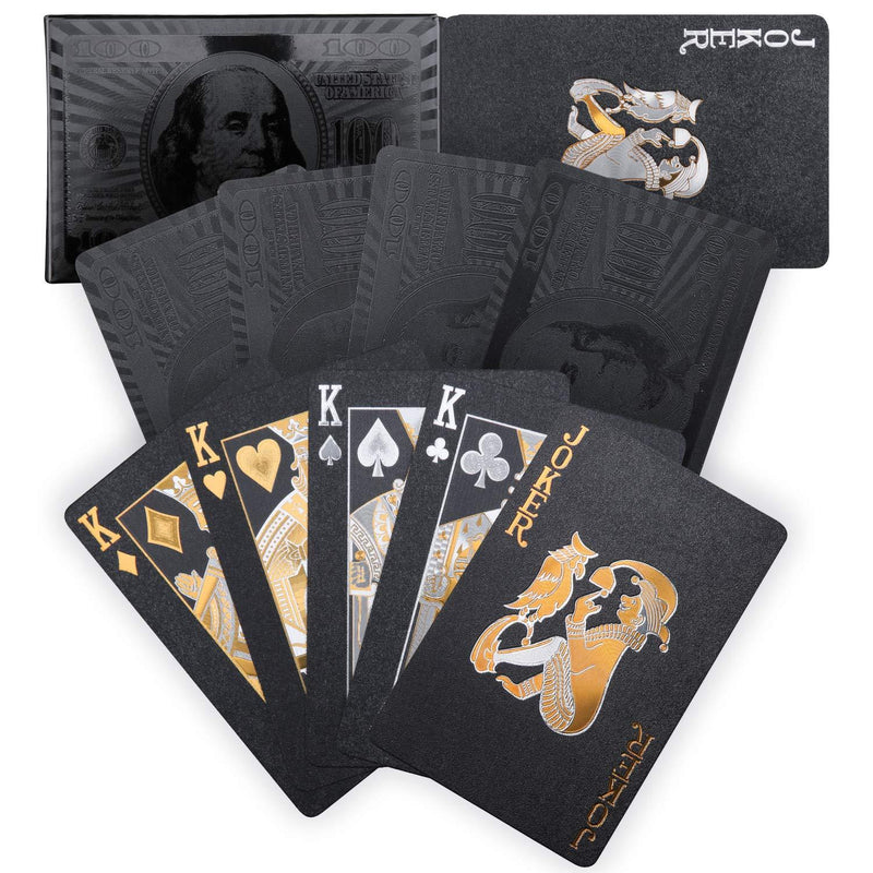 [AUSTRALIA] - Joyoldelf Cool Black Playing Cards, Waterproof Poker with Dollar Pattern, Black-Gold Foil Cards with Box, Great for Magic & Party Black-dollar 