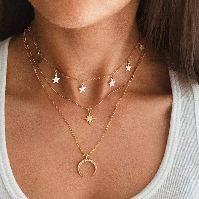 Jovono Multilayered Star Crescent Moon Pendant Necklaces Boho Necklace Chain Jewelry for Women and Girls (Gold) - BeesActive Australia
