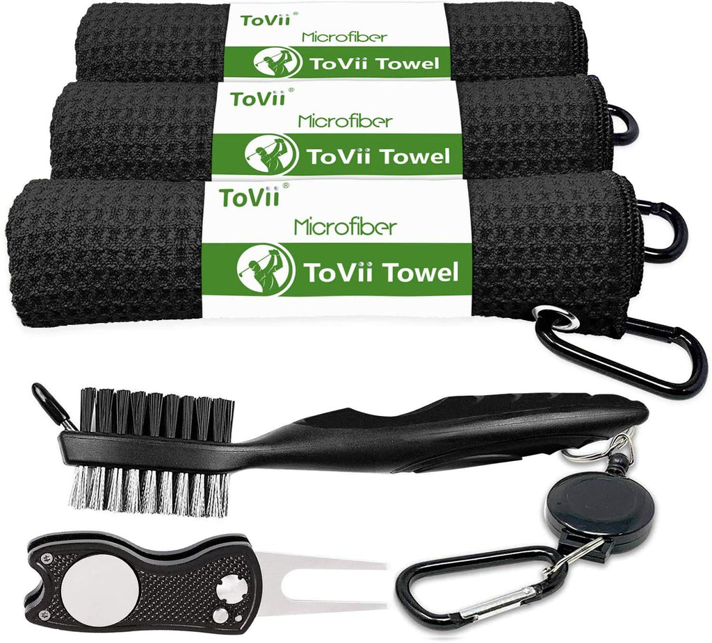 ToVii Golf Towel Microfiber Waffle Pattern Club Groove Cleaner Brush Foldable Divot Tool with Magnetic Golf Gifts Accessories Set Black - BeesActive Australia