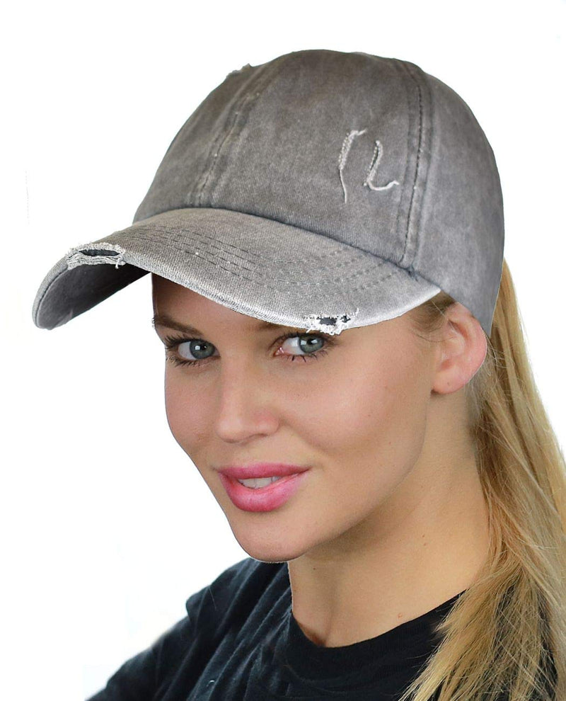 C.C Ladder Style Ponycap Adjustable Ponytail Distressed Washed Denim Baseball Cap Gray - BeesActive Australia