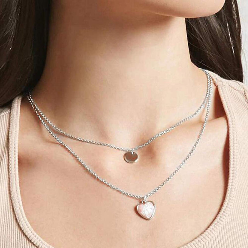 Jovono Multilayered Heart Sequin Pendant Necklaces Fashion Necklace Chain Jewelry for Women and Girls (Silver) Silver - BeesActive Australia