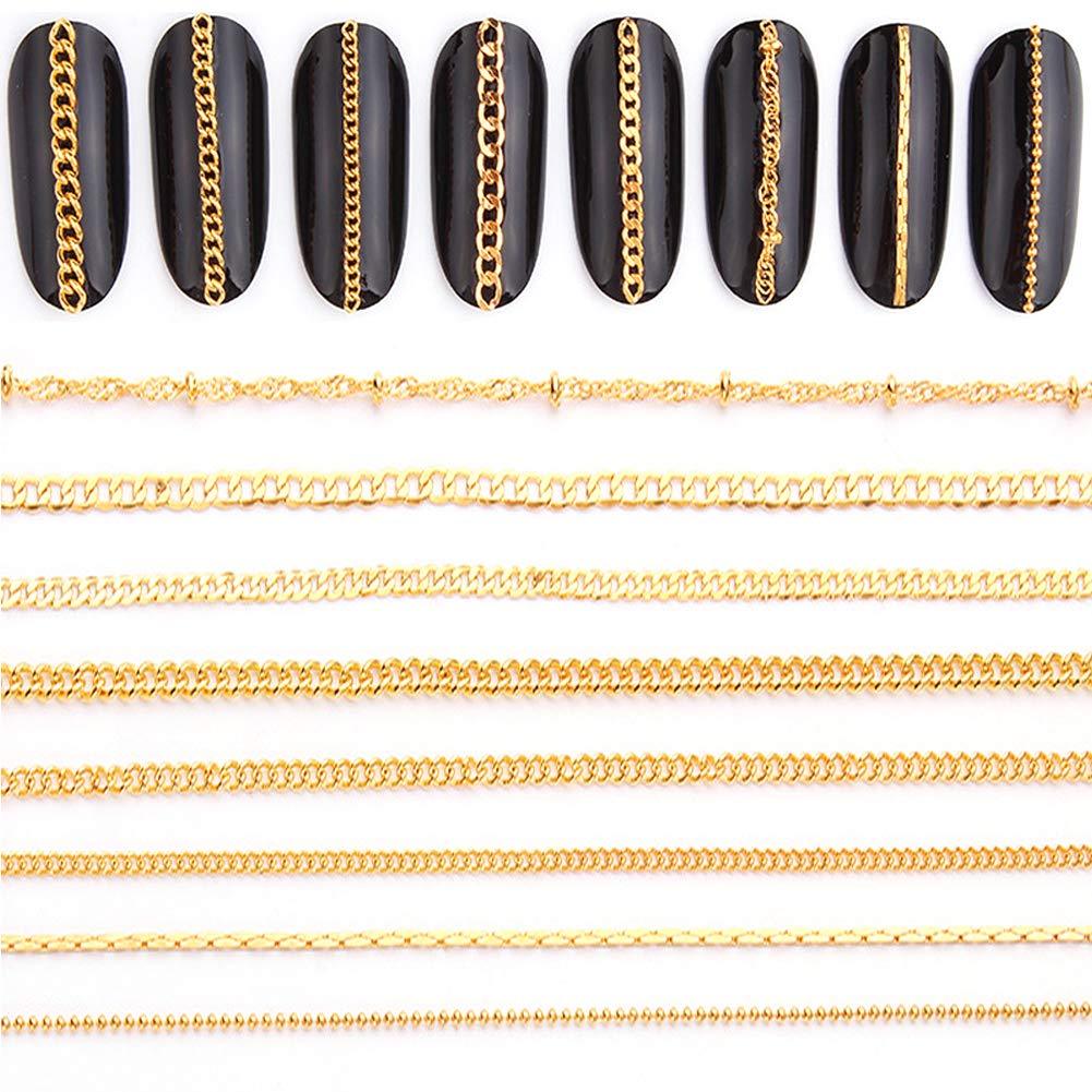 Nail Chain 3D Nail Art Decoration Gold Nail Charms 8 Strips 50cm Glitter Nail Art Design Chains Metal Punk Nail Studs Jewelry Accessory Nails Supply for Women DIY Manicure Tips Decor - BeesActive Australia