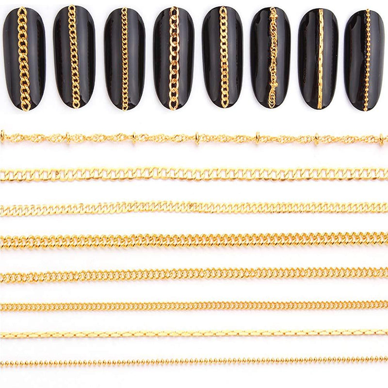 Nail Chain 3D Nail Art Decoration Gold Nail Charms 8 Strips 50cm Glitter Nail Art Design Chains Metal Punk Nail Studs Jewelry Accessory Nails Supply for Women DIY Manicure Tips Decor - BeesActive Australia