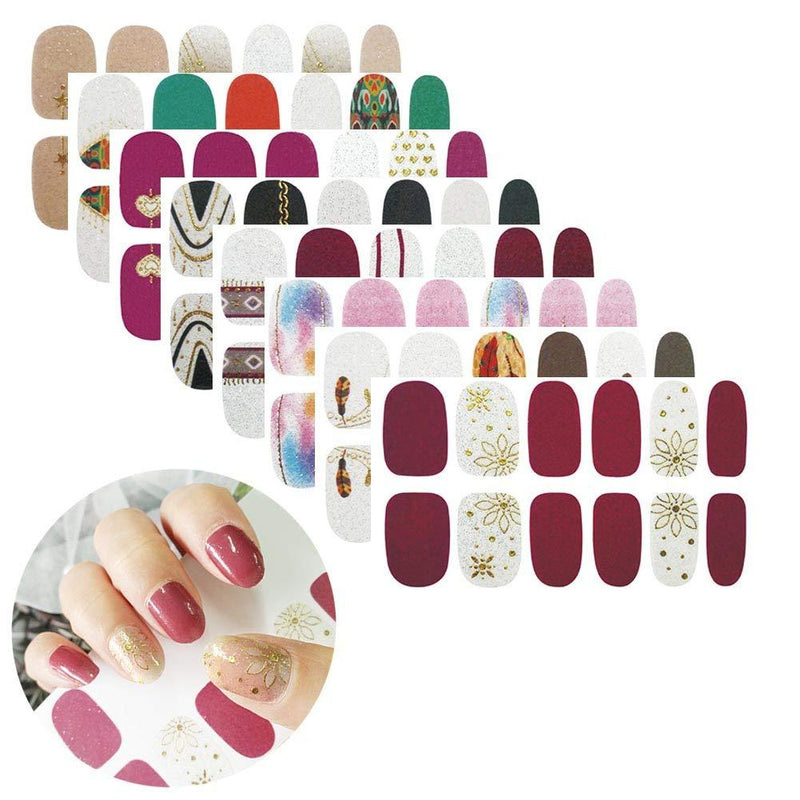 8 Sheets Nail Polish Stickers Full Nail Wraps Nails Art Polish Strips Decal Nail Art Decoration Self-Adhesive Nail Sticker Designs Color Nails Strips for Women Manicure Tips Charm Accessories - BeesActive Australia