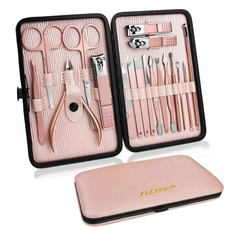 ZIZZON Manicure Set 18 in 1 Professional Pedicure Set Nail scissors Grooming Kit with Leather Travel Case Pink - BeesActive Australia