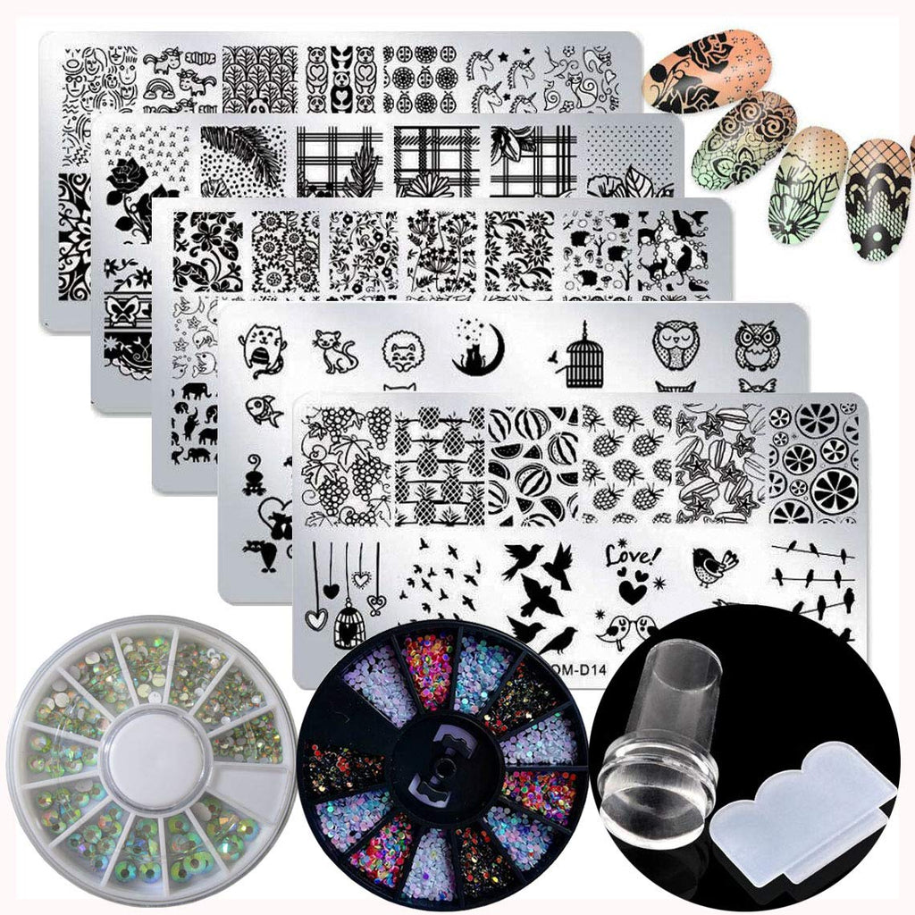 Nail Stamping Plate Kit, 5pc Flower Animal Heart Bird Owl Image Nail Art Stamping Plate Template AB Crystal Nail Rhinestone Glitter with Clear Nail Stamper & Scraper (Mixed Design) Mixed Design - BeesActive Australia