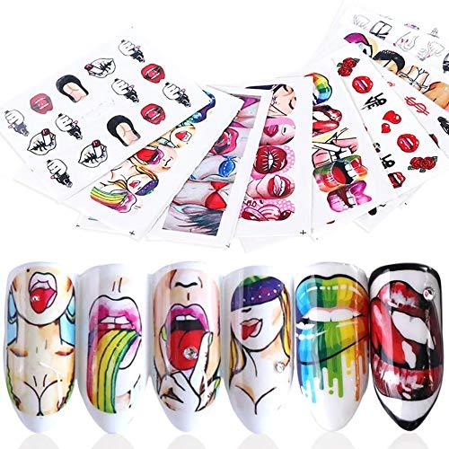 NAIL ANGEL 9 Sheets Nail Art Water Decals Water Transfer Sticker Lips Beauty Different Patterns Decals for fingernail and toenail Manicure 10190 - BeesActive Australia