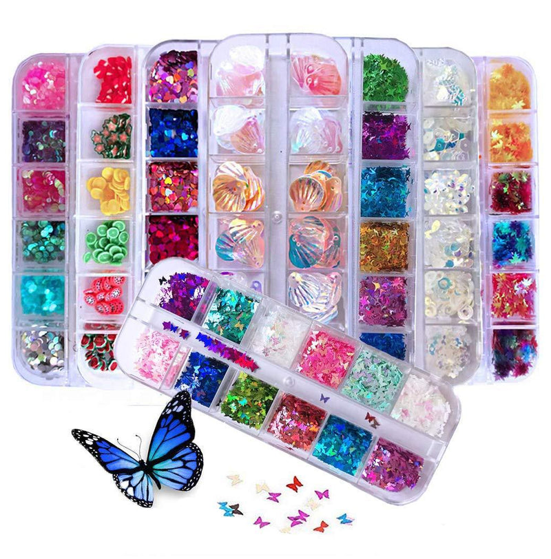 8 Boxes Butterfly Nail Glitter Sequins, EBANKU Mix-Shaped Fruit Piece Shell Maple Leaf Set Nail Art Sequin Acrylic Paillettes, Holographic Nail Sparkle Glitter for Nail Art Decoration color1 - BeesActive Australia