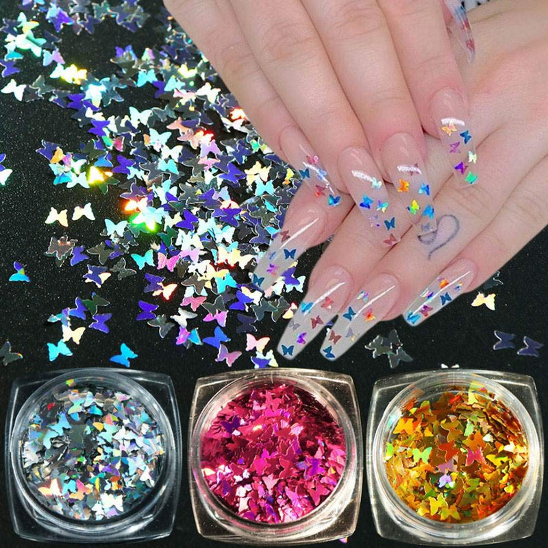 Butterfly Nail Art Decals Holographic Nail Art Sequins Glitter Kits, Nail Art Glitter Sequins Holographic Flakes 3D Butterfly Sparkly Mermaid Mirror Manicure Decor Tips 3 Box - BeesActive Australia
