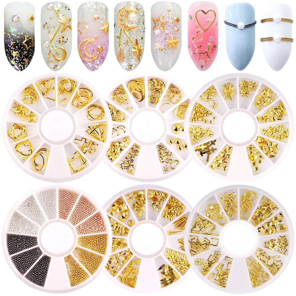 6 Boxes Metal Nail Art Studs 3D Nail Art Decoration Charms Gold Nails Supply Micro Caviar Beads for Nails Designs Shiny Jewels Star Moon Heart Triangle Square Rivet Gems for Manicure Tips Decor - BeesActive Australia