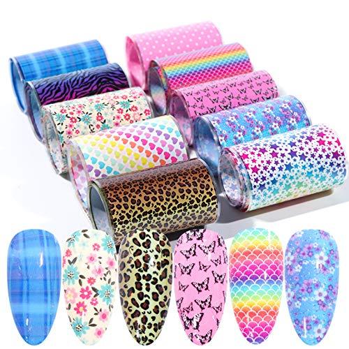 Valuu 10 Rolls Nail Foil Transfer Stickers Colourful Flower love Leopard Star Nail Foil Adhesive Decals Starry Sky Manicure Transfer Tips Nail Art DIY Decoration set - BeesActive Australia