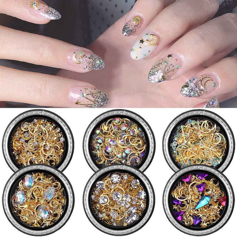 Nail Studs Gems 3D Nail Art Rhinestones for Nails Decoration Gold Nail Charms 6 Boxes Metal Star Moon Triangle Rivets Diamond for Nails Design Manicure Tips Decorations Nail Art Supplies - BeesActive Australia