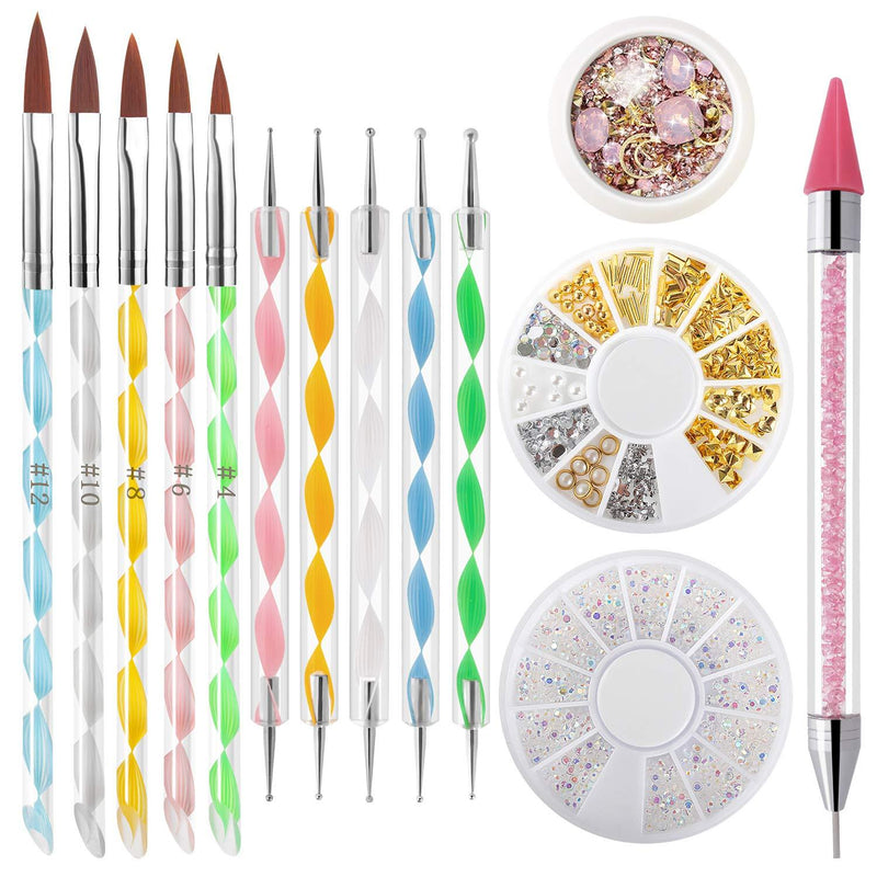 V BUTIGIRL Nail Brush Set, 11 Acrylic Nail Brushes Nail Art Supplies with Dual Head Wax Rhinestone Picker Dotting Pen, Crystal Rhinestones for Nail Art Decorations - BeesActive Australia