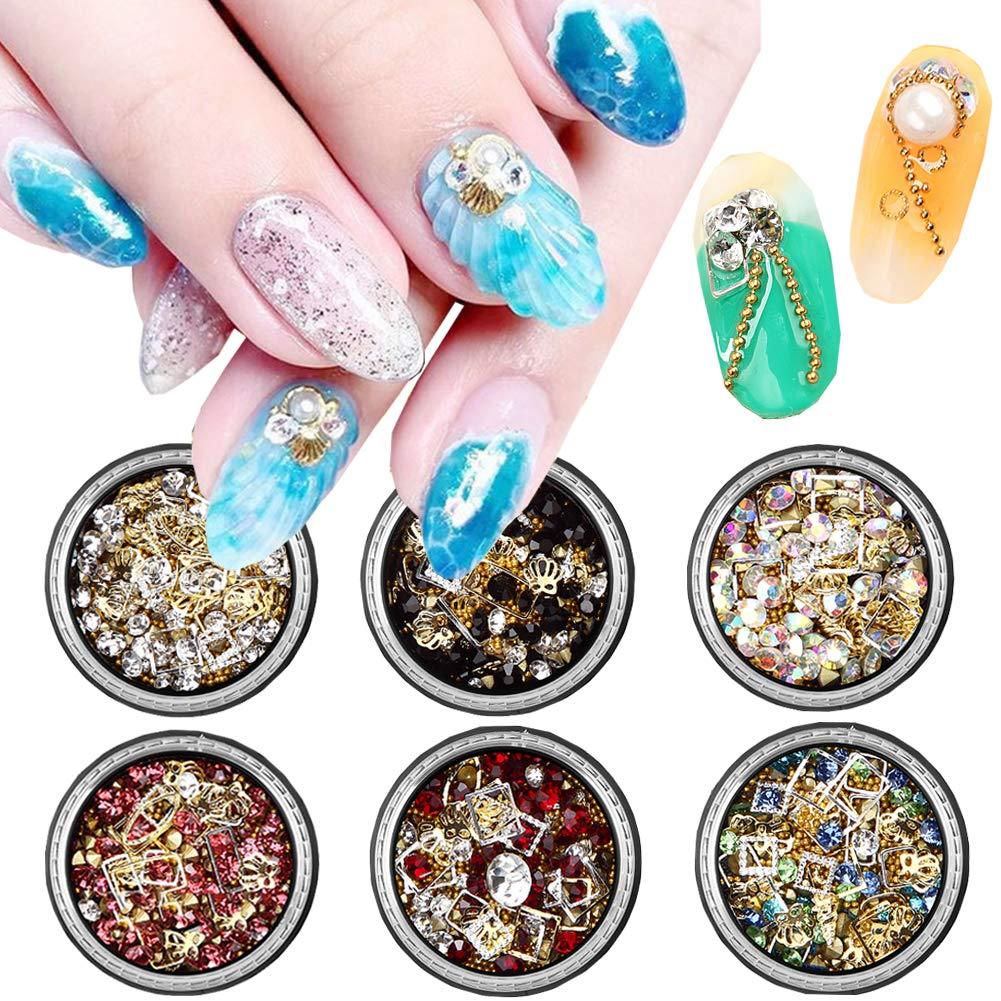 6 Boxes Nail Art Decoration Rhinestones 3D Nail Metals Rhinestone Glitters Nail Charms Jewelry for Nails Designs Nail Gems Studs Beads Nail Art Supplies for Women Manicure Design Tips Decor - BeesActive Australia