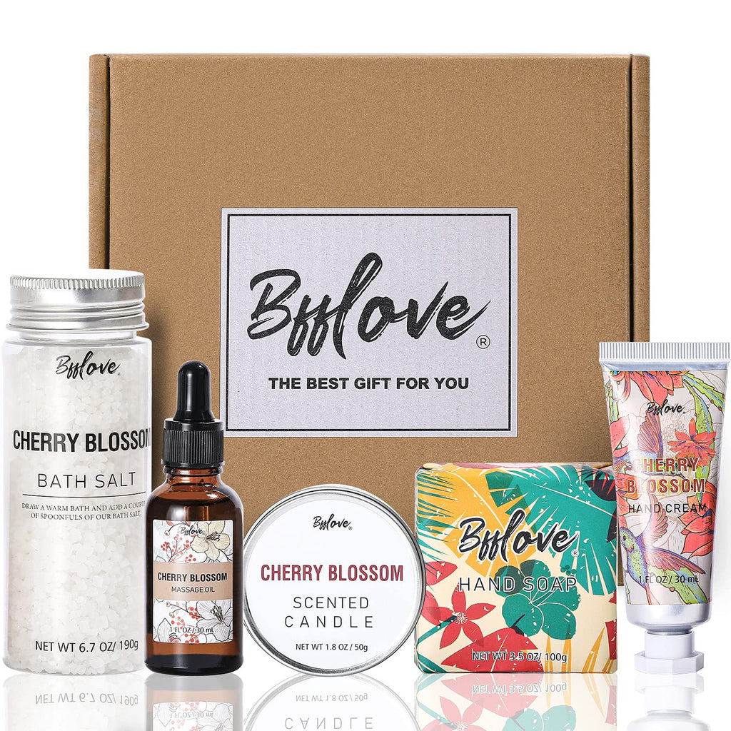 Gifts for Women - BFFLOVE Cherry Blossom Bath and Body Gift Set, Birthday Gift Box for Women, Spa Bath Set Includes Bath Salt, Hand Cream, Soap, Massage Oil, Scented Candle. Gifts Set for Her, 5pc - BeesActive Australia