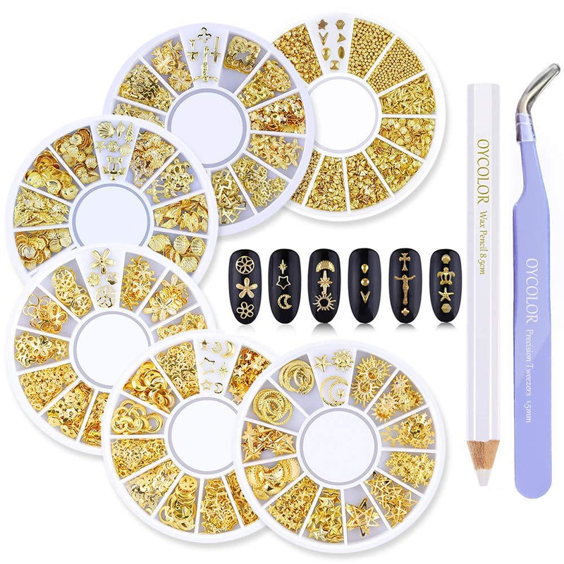 DANNEASY 6 Wheels 3D Gold Nail Studs Metal Nail Charms Nail Art Rivets Manicure Decoration Kit Star Moon Shell Cross Flower With 1Pc Curved Tweezers And Wax Pen Kit 1 - BeesActive Australia