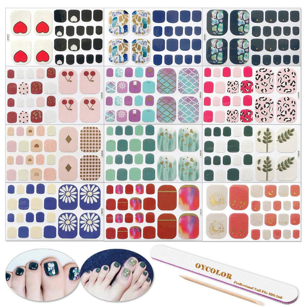 DANNEASY 12 Sheets Adhesive Toe Nail Wraps Polish Decal Strips with 1Pc Nail File + Wood Cuticle Stick Mix-Color Nail Art Stickers Manicure Kit for Women kit 2 - BeesActive Australia