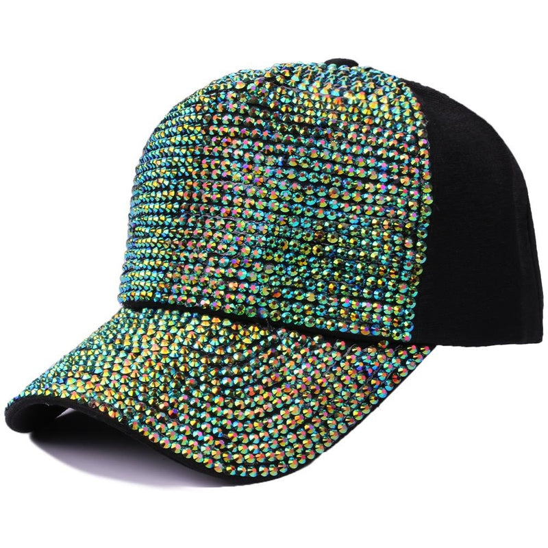 Gudessly Women Studded Rhinestone Crystals Adjustable Baseball Cap Plain Sparkle Bling Denim Sun Hat Green Black Cap - BeesActive Australia