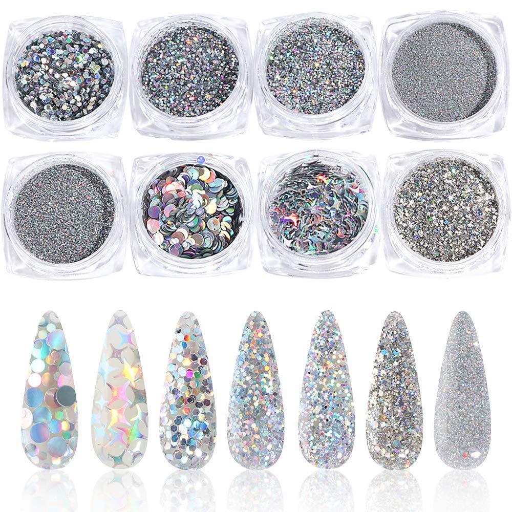 Silver Holographic Nail Art Glitter Sequins Kits, 8 Boxes Metallic Shining Flakes Nail Art Decoration Decals Iridescent Sparkly Mermaid Nail Powder for Nail Eye Body Face Art Accessories SilverGlitter_8BOx - BeesActive Australia