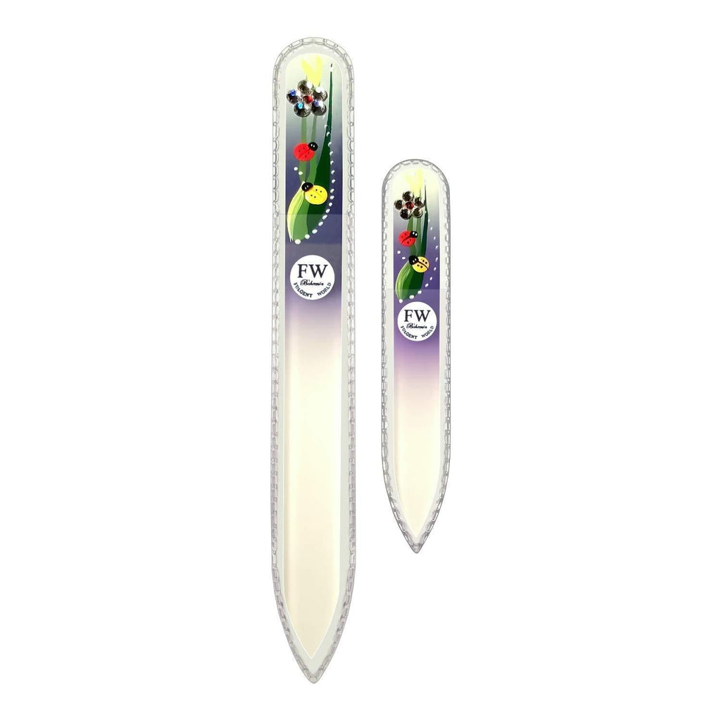 Crystal Glass Nail Files Hand Painted - Gift Set of 2 Ladybug - Original Czech Quality - for Natural and Acrylics Nails (Purple-White) Pink-White - BeesActive Australia