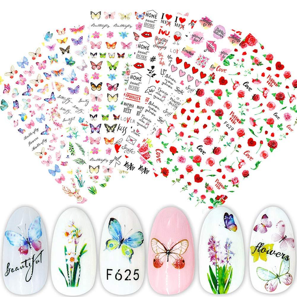 Macute Butterfly 3D Nail Art Decoration Stickers 6 Sheets Butterfly Designs Nail Decals Colorful Flowers English Letter Patterns for Women DIY Manicure Acrylic Tip Wraps Decor - BeesActive Australia