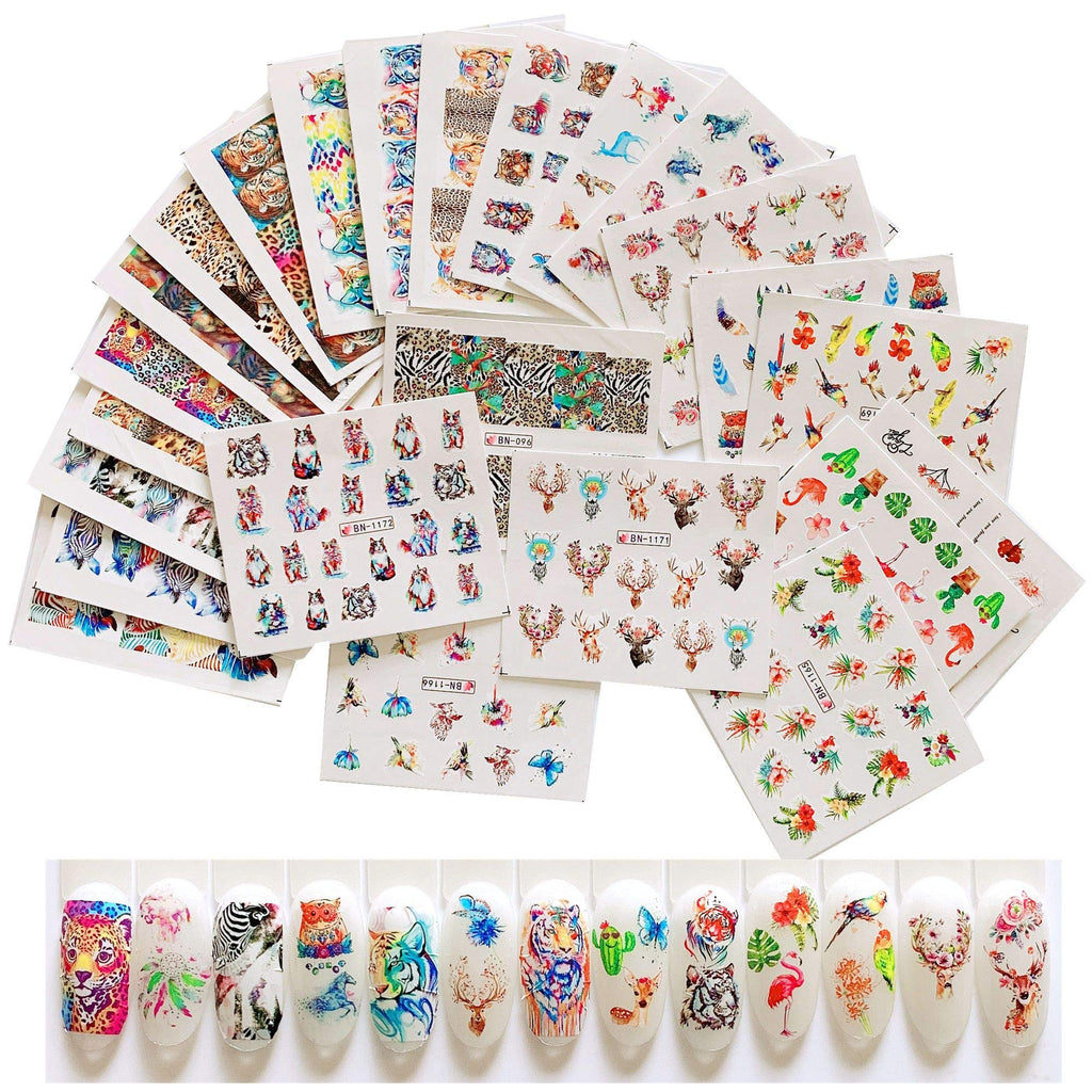 NAIL ANGEL 24sheets Nail Art Water Decals Water Transfer Sticker Different Animal Designs Deer Tiger Prints Summer Decals for fingernail and toenail Manicure 10204 - BeesActive Australia