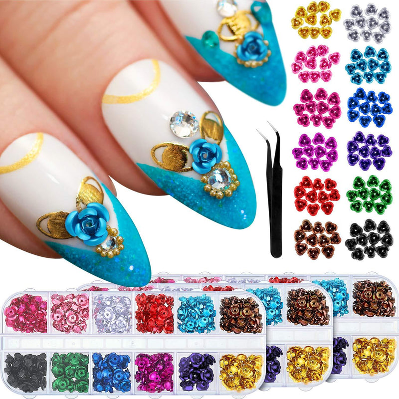 360 Pieces Metal Rose Flower Nail Art Decorations Multi-Color 3D Rose Flower DIY Jewel Charms Accessories Supplies with Curved Tweezers, 12 Colors - BeesActive Australia