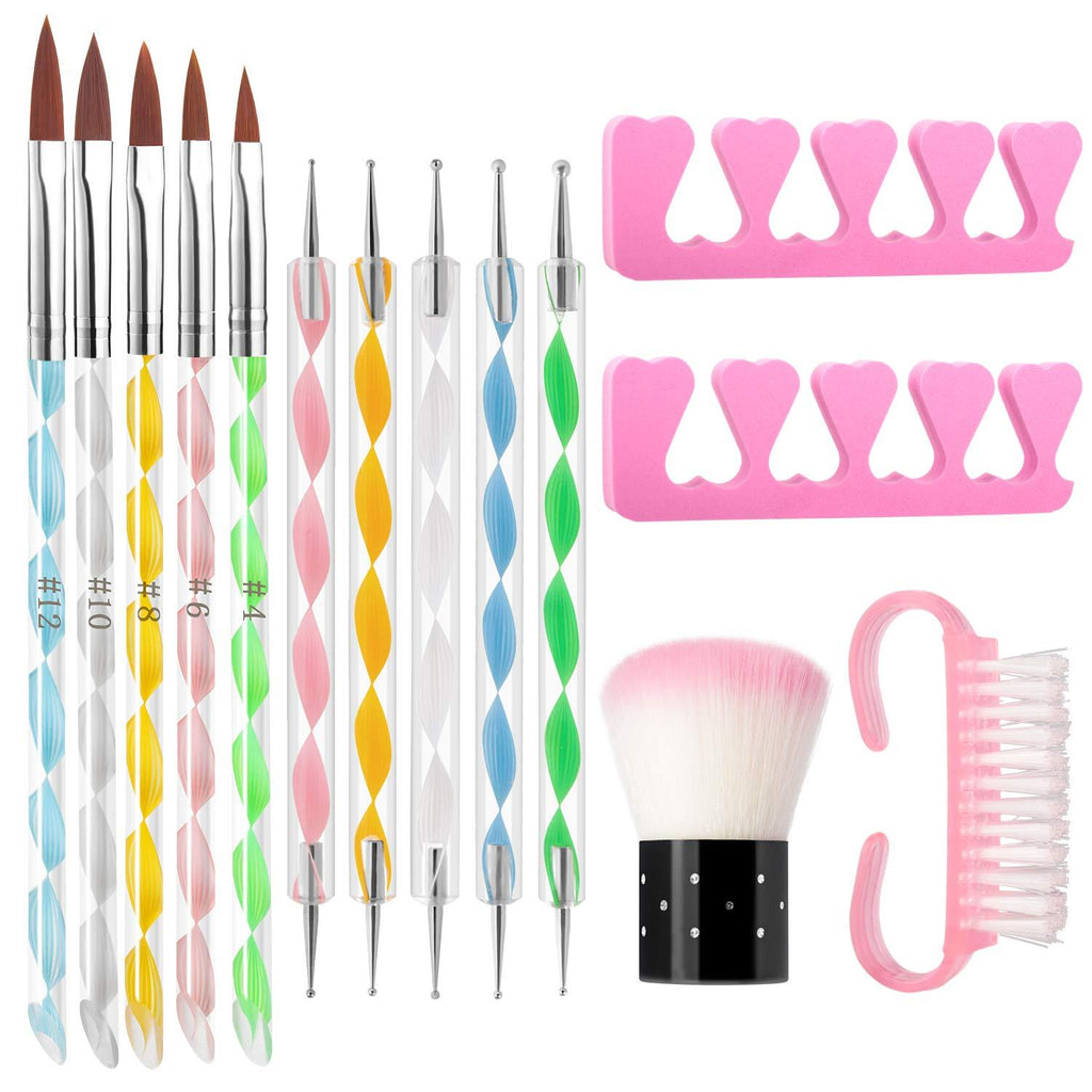 V BUTIGIRL 14 Acrylic Nail Brush Set, 5 UV Gel Nail Brush for Gel Builder Nail Painting 5 Double Ended Dotting Pen and 2 Nail Art Dust Brush 2 Toe Separators for Acrylic Application - BeesActive Australia