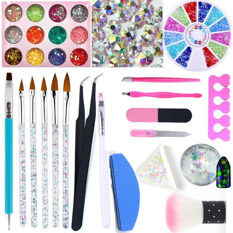 Yeslady Nail Art Rhinestone Starter Kit Glitter Sequin With Buffer File Tools Nail Set Professional Salon Manicure Brush 23pcs For Learner - BeesActive Australia