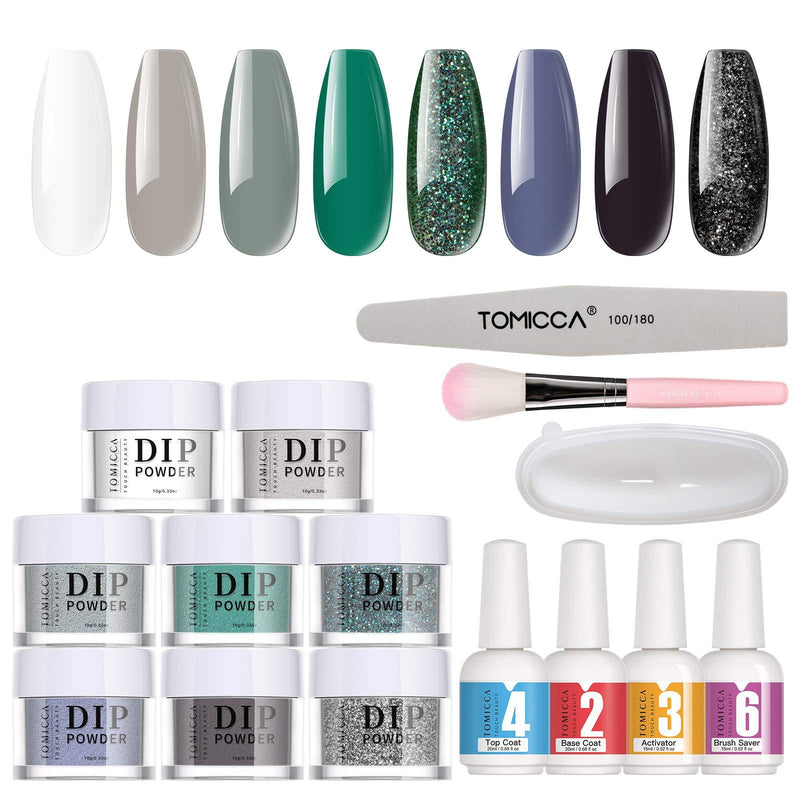TOMICCA Dip Powder Nail Kit for Starter Green Gray Glitter Silver Clear 8 Colors Acrylic Dipping Powder System Essential Kit for French Nail Manicure Nail Art Set for Spring Summer - BeesActive Australia