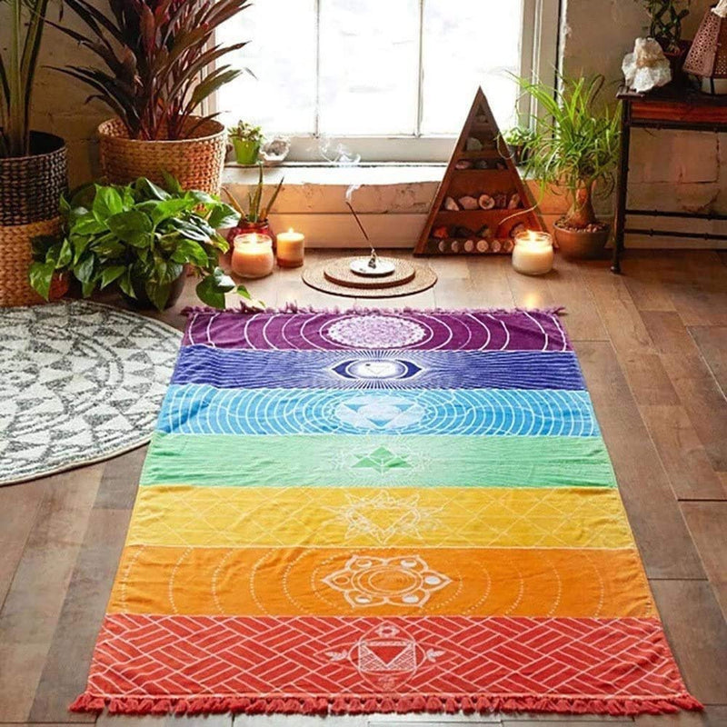 OYEFLY Rainbow Chakra Yoga Mat Sunscreen Shawl Hippy Boho Gypsy Colorful - BeesActive Australia